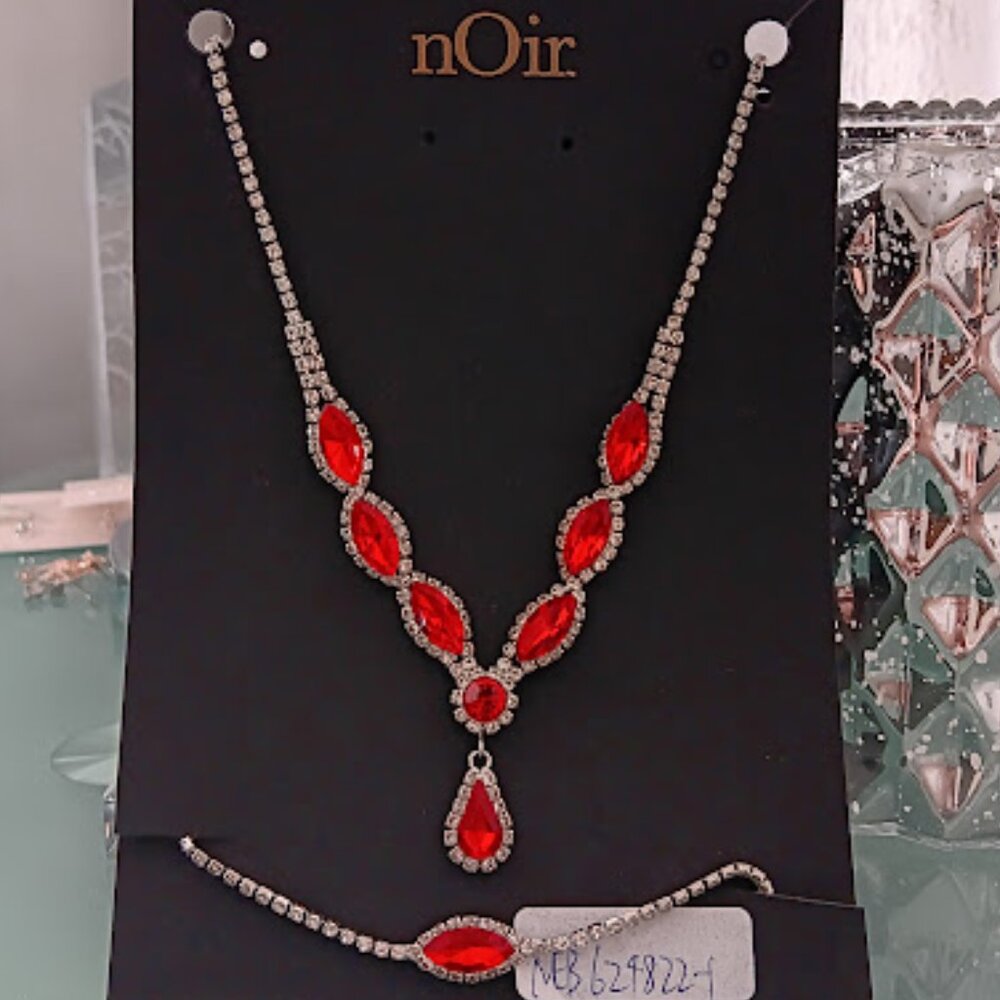 NOIR JEWELRY 2pc SET Glam Silver Clear/Red Crystal Necklace/Bracelet for PROM